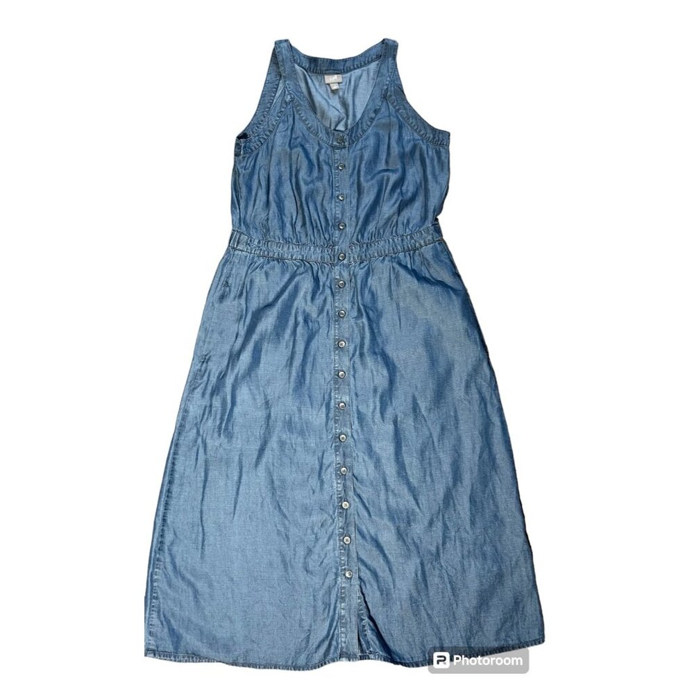 J. Jill Chambray Shirt Dress Women’s Medium Blue Sleeveless Pockets Button Up - Picture 3 of 8